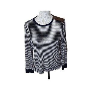 Lauren Ralph Lauren Navy Striped Top Long Sleeve Elbow Shoulder Patch Women's XL